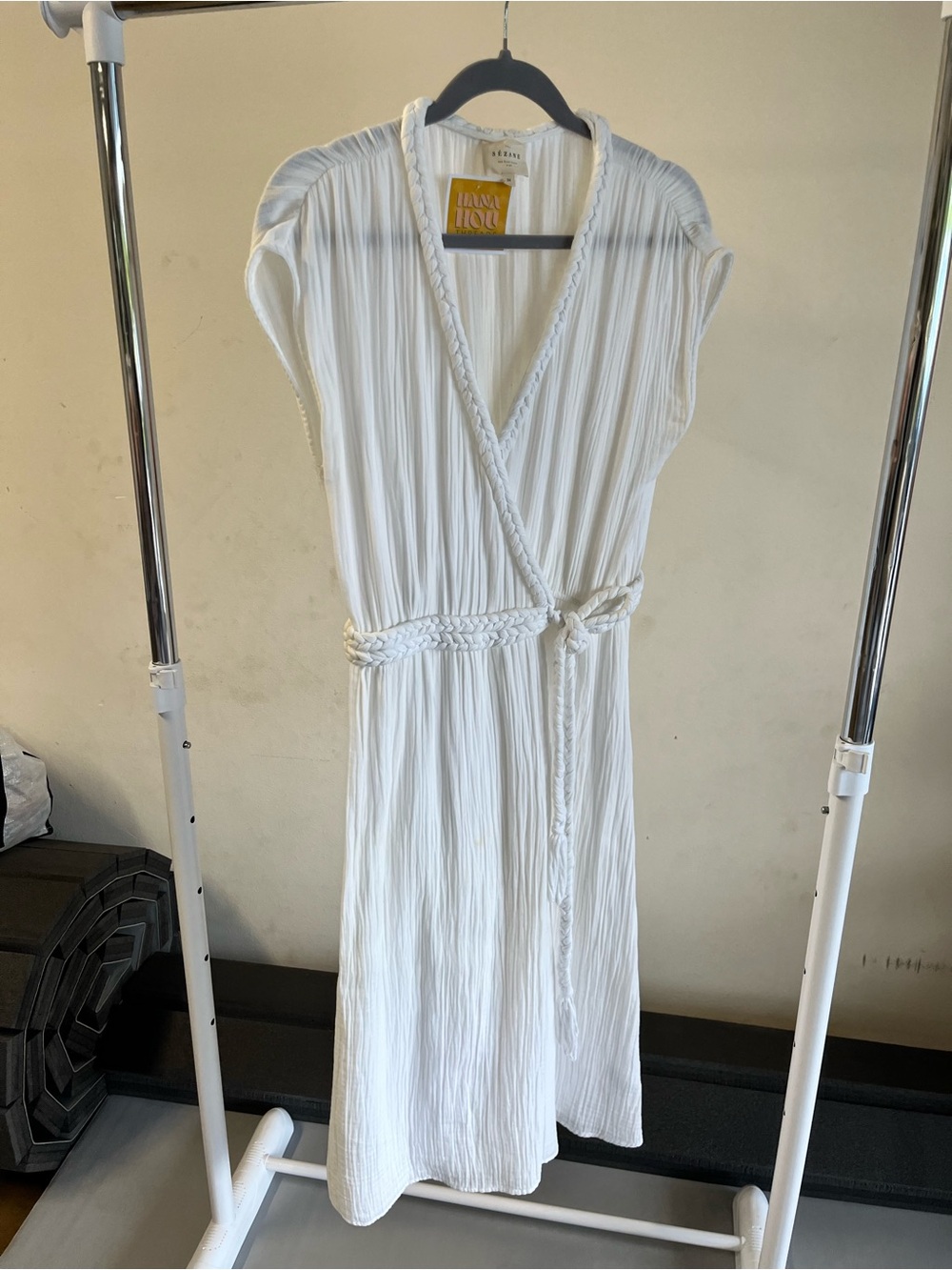 Sézane White Wrap Midi Dress with Braided Belt